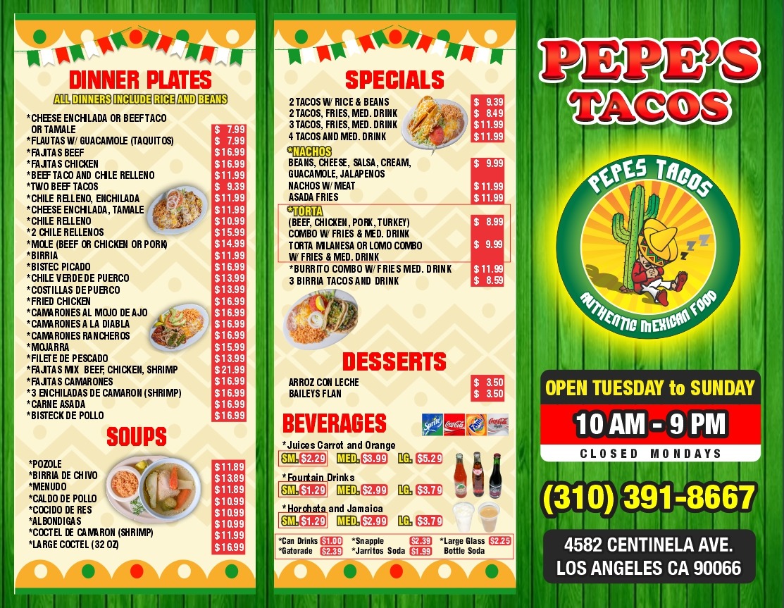 Pepe's Tacos Full Menu Page 1